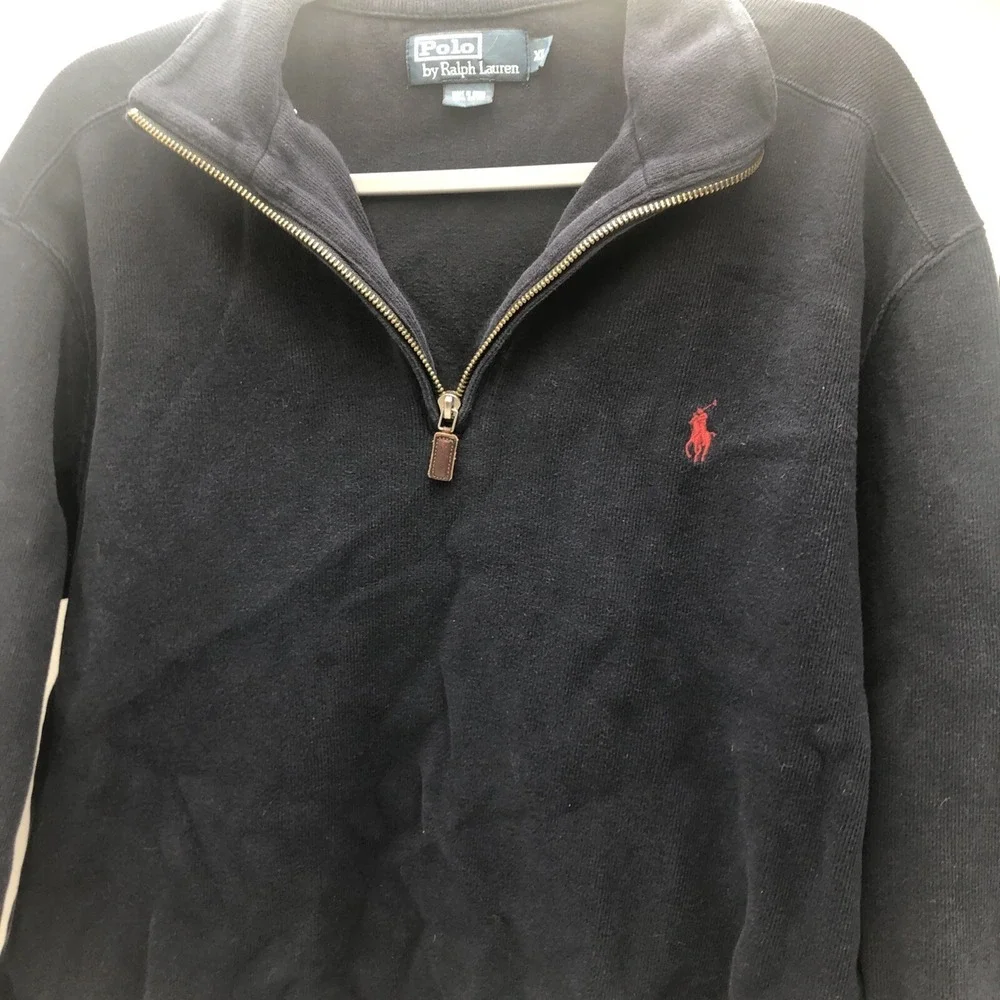 Polo By Ralph Lauren Quarter Zipper Sweater Thick Warm Cotton Navy Blue Red Logo